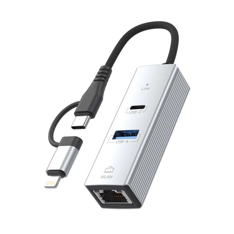 Type-C / 8 Pin to Type-C RJ45 USB-A HUB Expand Converter(Silver)