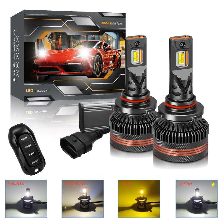 9006 2pcs/Pack 60W 8000LM 6000K Three Color Remote Control Car LED Headlight Bulb