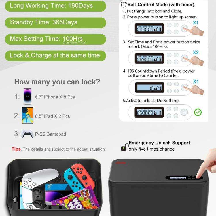 Smart Time Management Phone Self-lock Storage Box(Black)