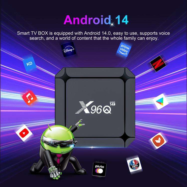 X96Q Android 14 Smart TV Box, RK3518 Quad-Core Cortex-A53, Memory:2GB+16GB(UK Plug)