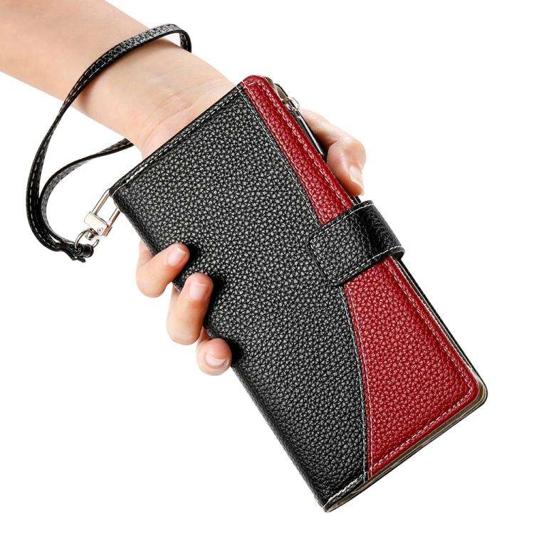 For Sony Xperia 1 V Stitching Multi-card Zipper Wallet Leather Phone Case with Short Strap(Black)