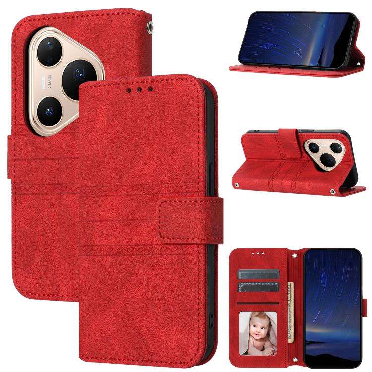 For Huawei Pura 80 5G Embossed Stripes Skin Feel Leather Phone Case(Red)