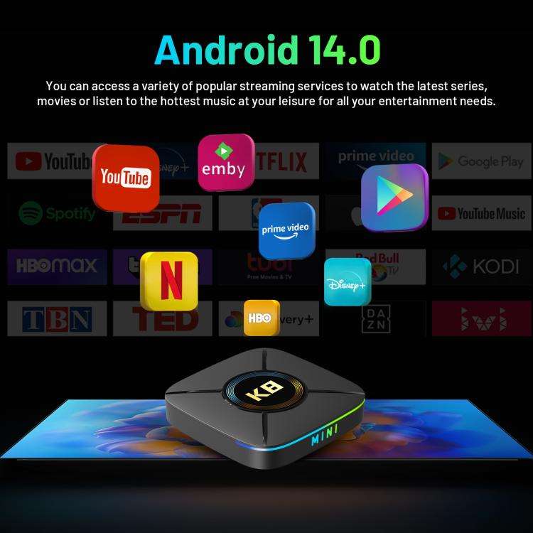 HK1 K8MINI 4K UHD Android 14 Smart TV Box with Remote Control, 2GB+32GB, RK3518 Quad-Core