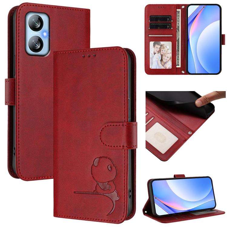 For Blackview A52 / A52 Pro Litter Panda Embossing RFID Leather Phone Case with Lanyard(Wine Red)