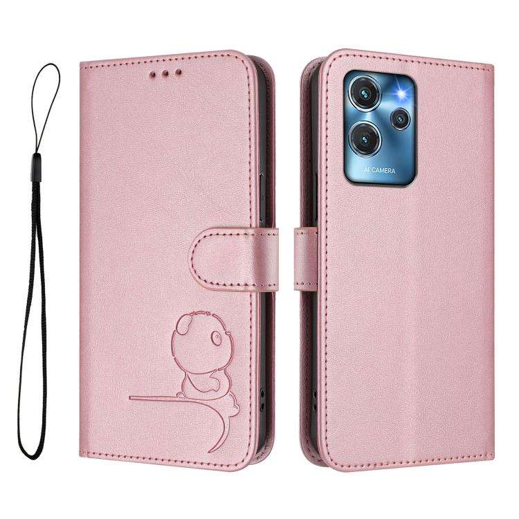 For Oukitel C32 Litter Panda Embossing RFID Leather Phone Case with Lanyard(Pink)