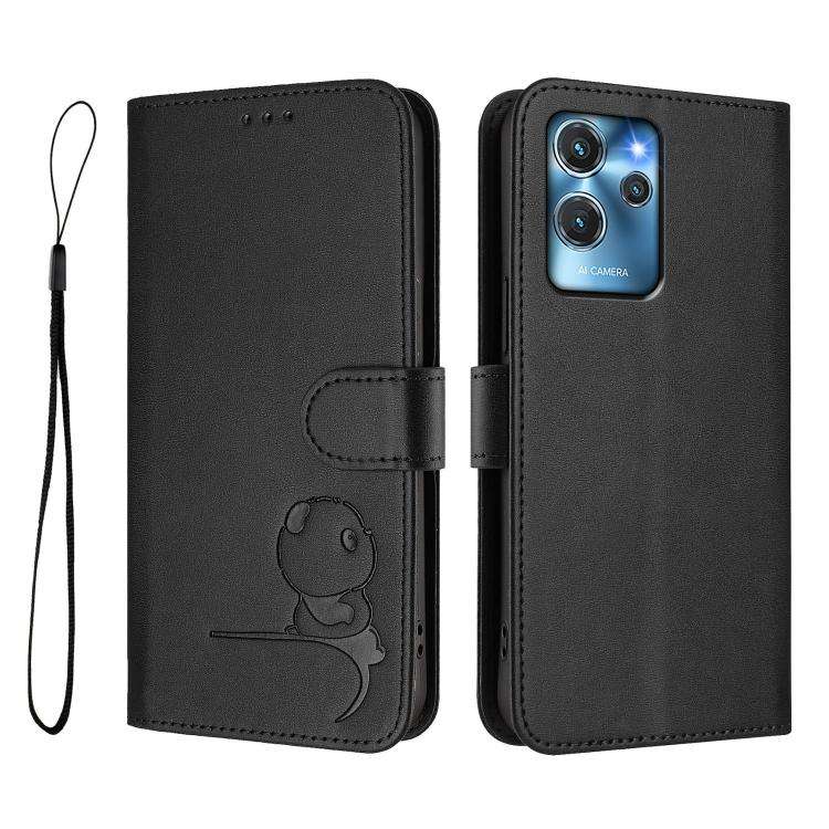 For Oukitel C32 Litter Panda Embossing RFID Leather Phone Case with Lanyard(Black)