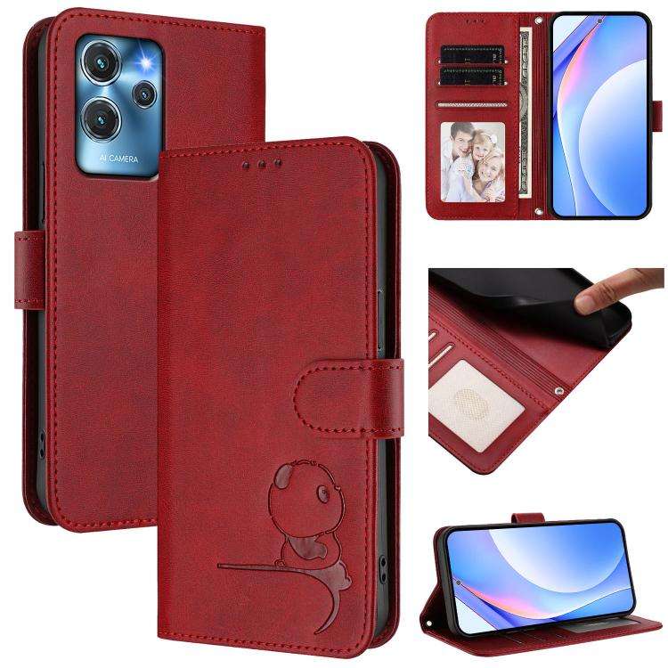 For Oukitel C32 Litter Panda Embossing RFID Leather Phone Case with Lanyard(Wine Red)
