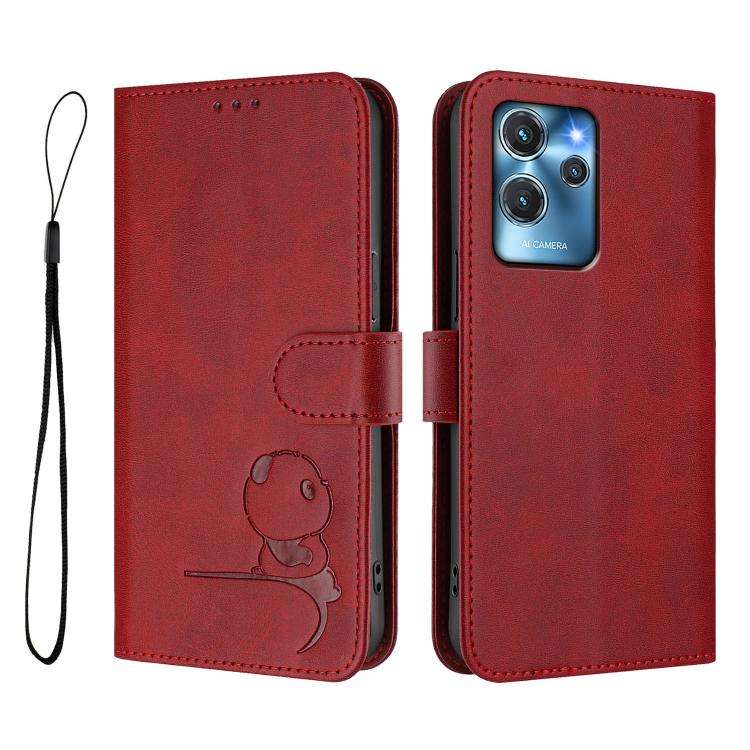 For Oukitel C32 Litter Panda Embossing RFID Leather Phone Case with Lanyard(Wine Red)