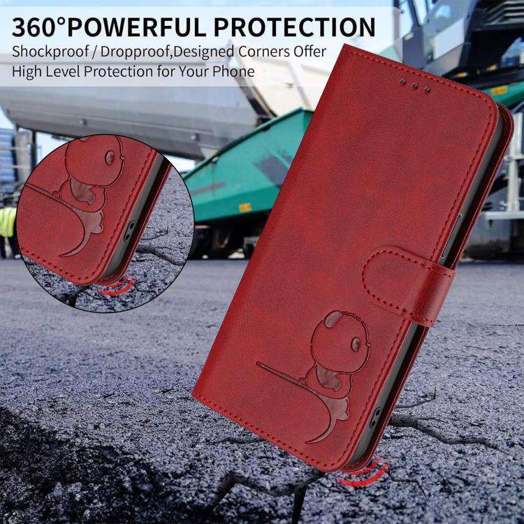 For Oukitel C32 Litter Panda Embossing RFID Leather Phone Case with Lanyard(Wine Red)