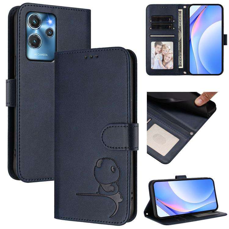 For Oukitel C32 Litter Panda Embossing RFID Leather Phone Case with Lanyard(Blue)