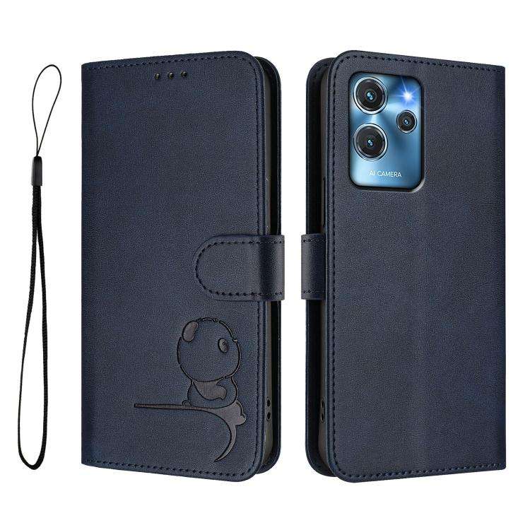 For Oukitel C32 Litter Panda Embossing RFID Leather Phone Case with Lanyard(Blue)