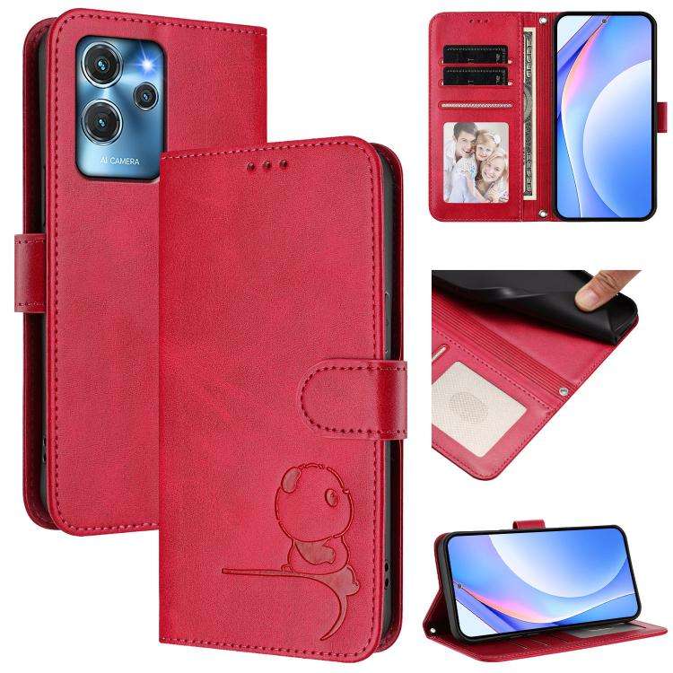 For Oukitel C32 Litter Panda Embossing RFID Leather Phone Case with Lanyard(Rose Red)