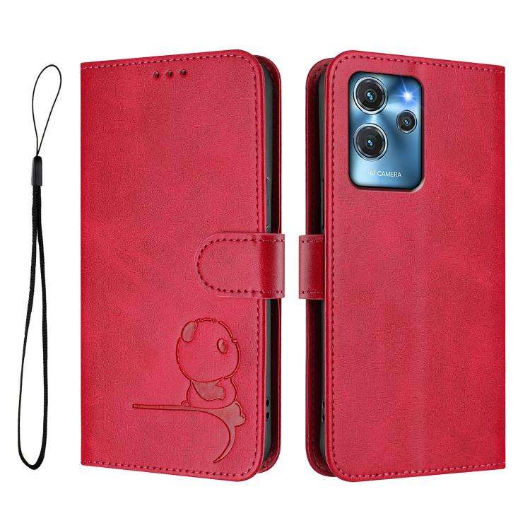 For Oukitel C32 Litter Panda Embossing RFID Leather Phone Case with Lanyard(Rose Red)