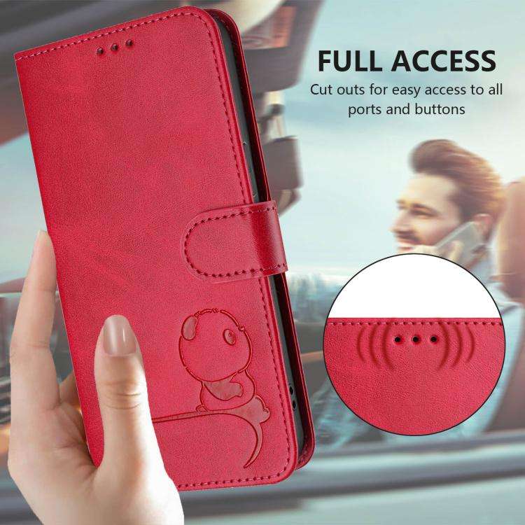 For Oukitel C32 Litter Panda Embossing RFID Leather Phone Case with Lanyard(Rose Red)