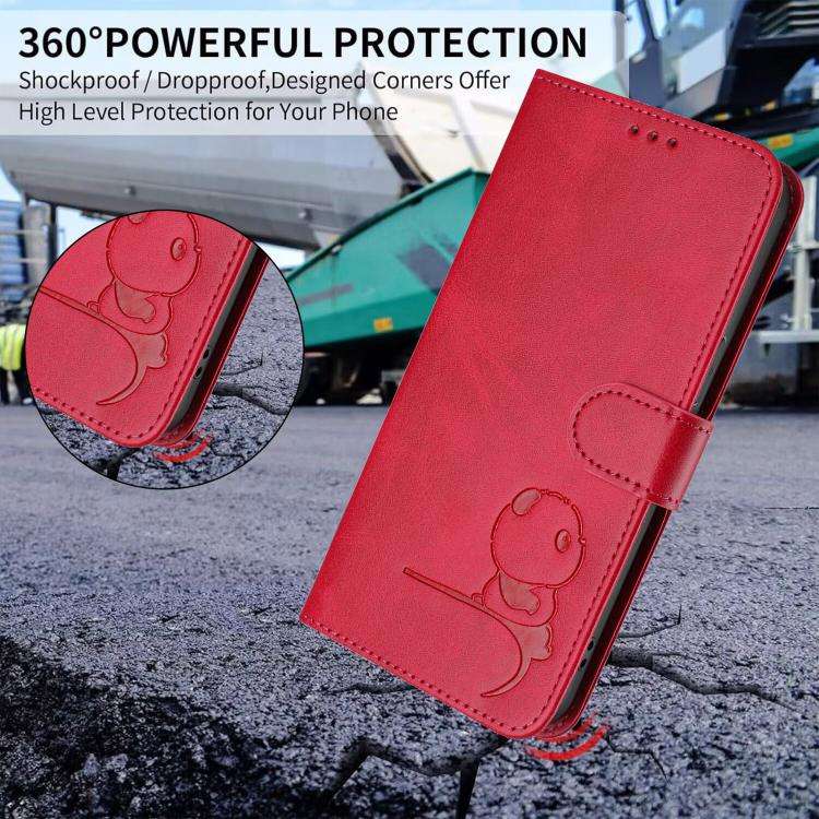For Oukitel C32 Litter Panda Embossing RFID Leather Phone Case with Lanyard(Rose Red)
