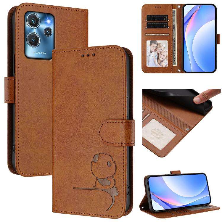 For Oukitel C32 Litter Panda Embossing RFID Leather Phone Case with Lanyard(Brown)