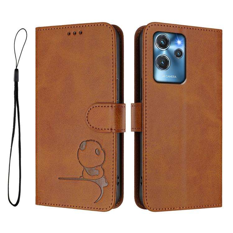 For Oukitel C32 Litter Panda Embossing RFID Leather Phone Case with Lanyard(Brown)