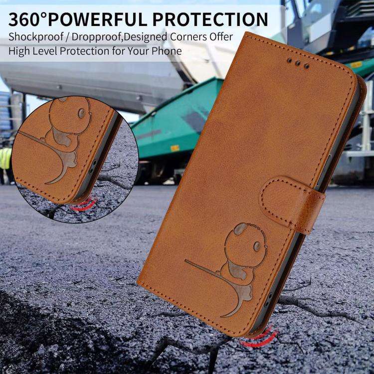 For Oukitel C32 Litter Panda Embossing RFID Leather Phone Case with Lanyard(Brown)