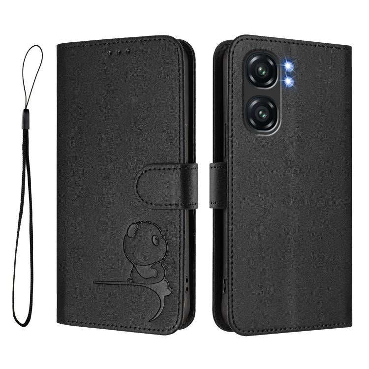 For Oukitel C58 / C58 Pro Litter Panda Embossing RFID Leather Phone Case with Lanyard(Black)