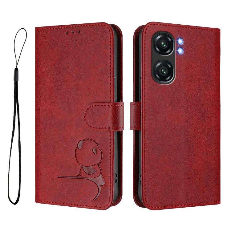 For Oukitel C58 / C58 Pro Litter Panda Embossing RFID Leather Phone Case with Lanyard(Wine Red)