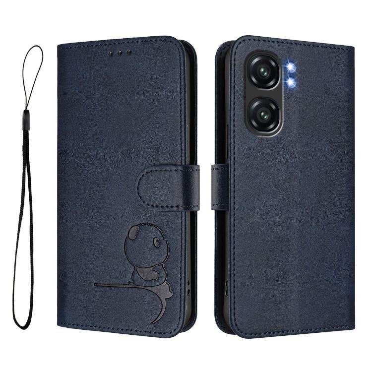 For Oukitel C58 / C58 Pro Litter Panda Embossing RFID Leather Phone Case with Lanyard(Blue)