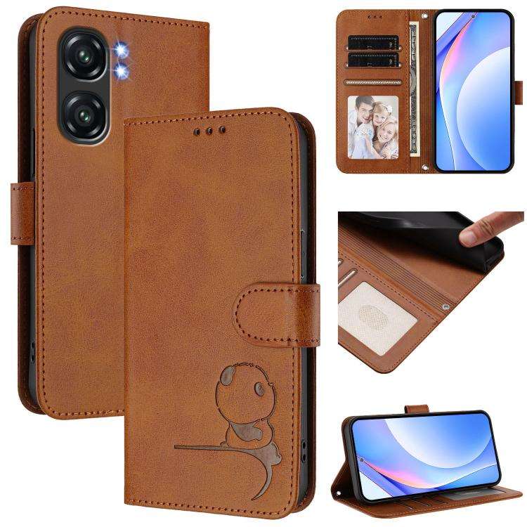 For Oukitel C58 / C58 Pro Litter Panda Embossing RFID Leather Phone Case with Lanyard(Brown)