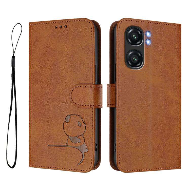 For Oukitel C58 / C58 Pro Litter Panda Embossing RFID Leather Phone Case with Lanyard(Brown)