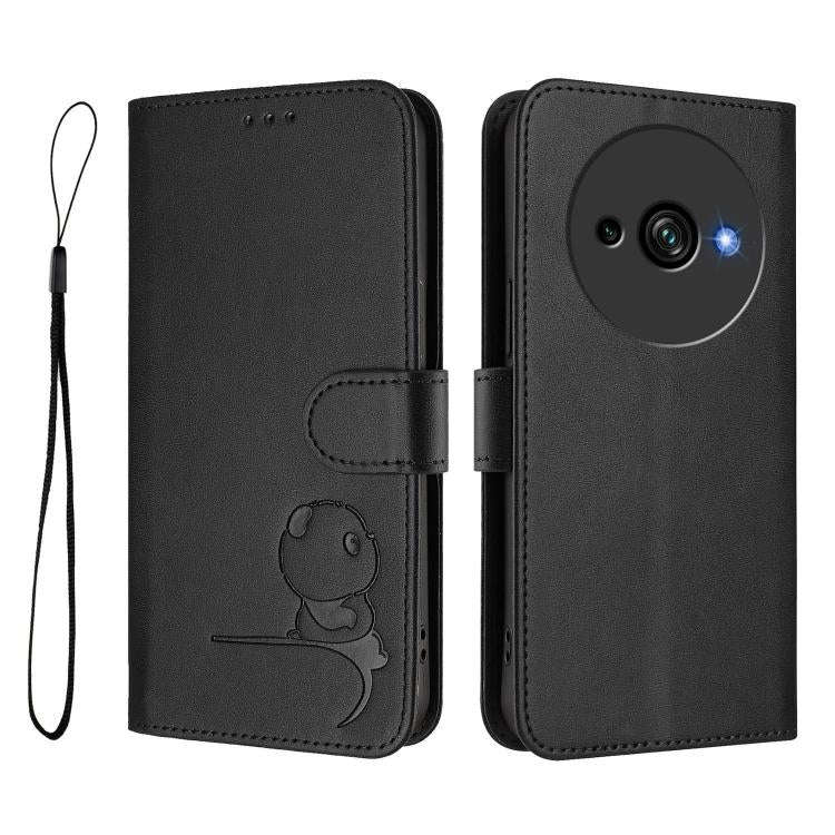 For Oukitel C59 / C59 Pro Litter Panda Embossing RFID Leather Phone Case with Lanyard(Black)