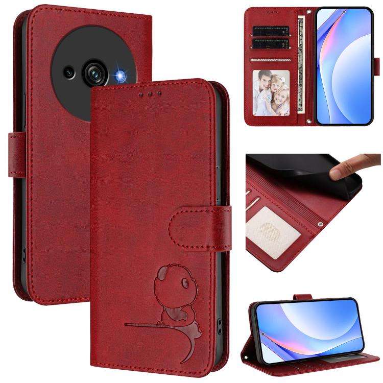 For Oukitel C59 / C59 Pro Litter Panda Embossing RFID Leather Phone Case with Lanyard(Wine Red)