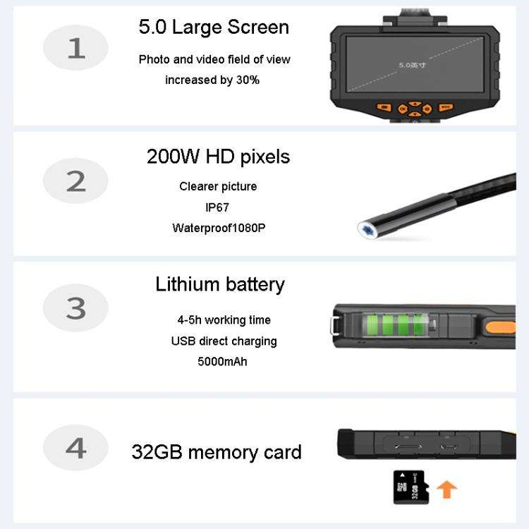 TESLONG NTS300 5 Inch Large Screen Industrial Endoscope Auto Repair Tools, Model:8mm Dual Lens / 1m