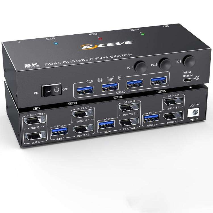 KCEVE KC-KVM302DP USB 3.0 Dual Monitor 8K 30Hz KVM Switch, Plug Type:EU Plug