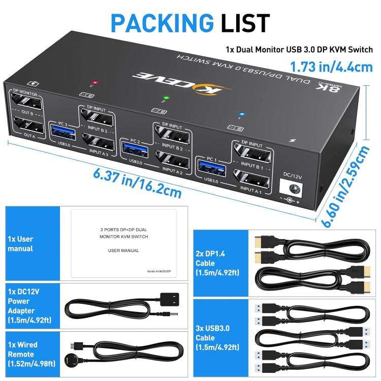 KCEVE KC-KVM302DP USB 3.0 Dual Monitor 8K 30Hz KVM Switch, Plug Type:EU Plug