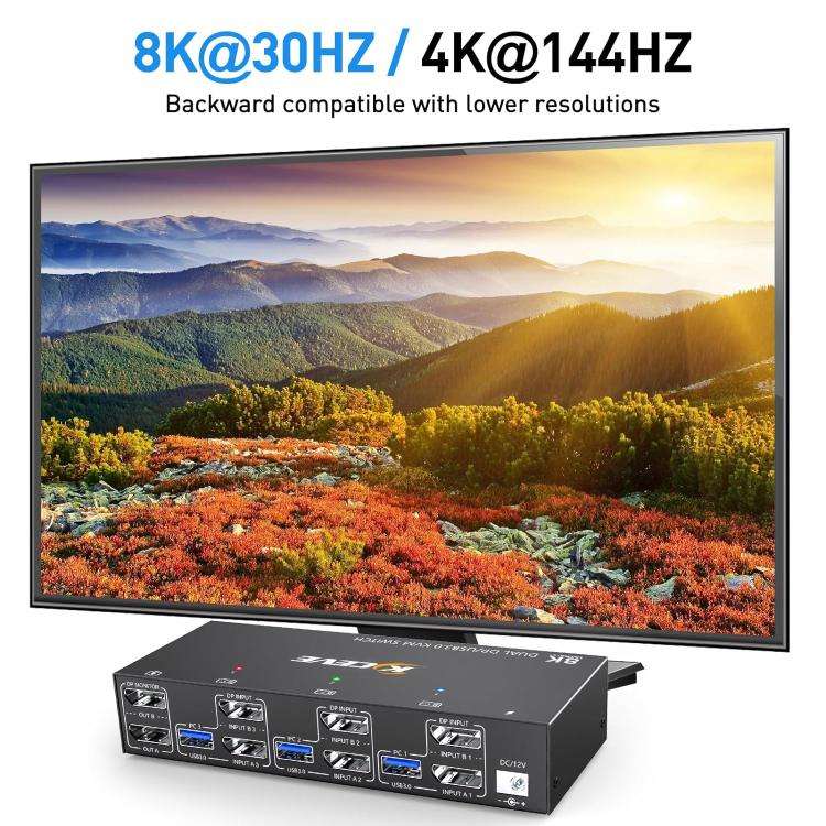 KCEVE KC-KVM302DP USB 3.0 Dual Monitor 8K 30Hz KVM Switch, Plug Type:AU Plug