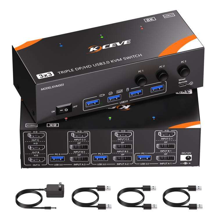 KCEVE KC-KVM303 USB 3.0 Dual Monitor 8K 60Hz KVM Switch, Plug Type:EU Plug
