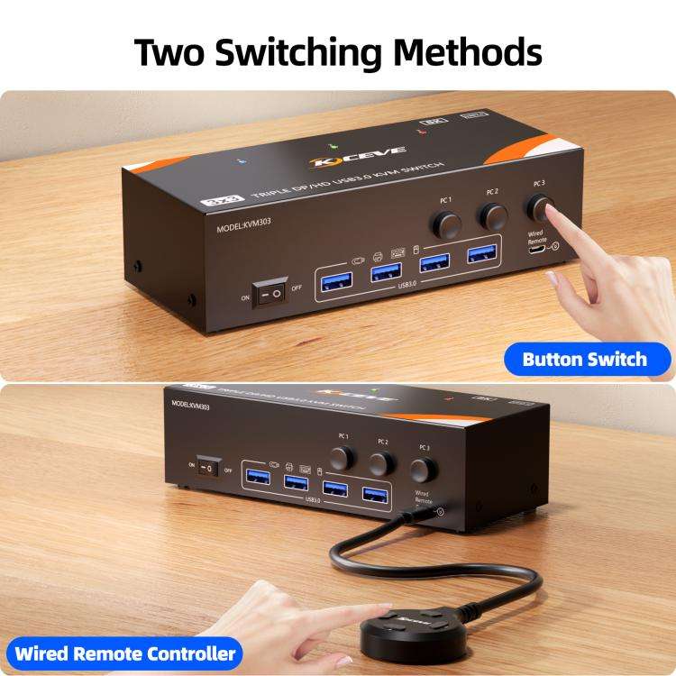 KCEVE KC-KVM303 USB 3.0 Dual Monitor 8K 60Hz KVM Switch, Plug Type:EU Plug