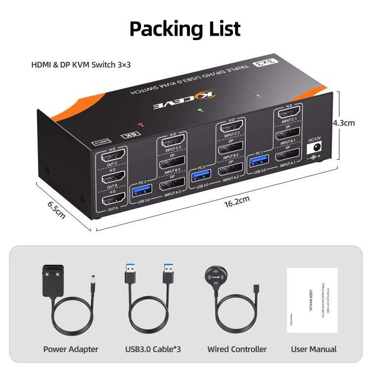 KCEVE KC-KVM303 USB 3.0 Dual Monitor 8K 60Hz KVM Switch, Plug Type:EU Plug