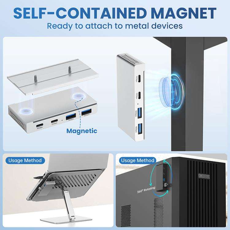 HST-2A2C 4 in 1 USB 3.2 10Gbps Detachable Magnetic Docking Station(Silver)