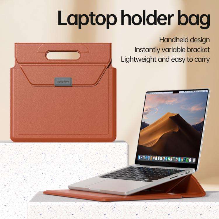 For 13 / 14 inch Handle Portable Laptop Briefcase PU Leather Laptop Sleeve with Foldable Stand(Grey)