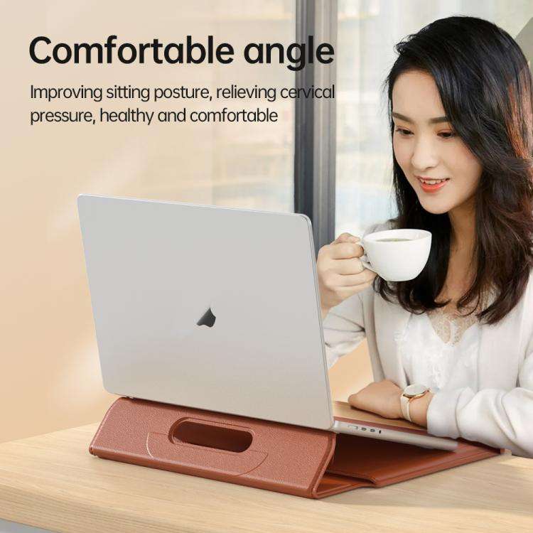 For 13 / 14 inch Handle Portable Laptop Briefcase PU Leather Laptop Sleeve with Foldable Stand(Grey)