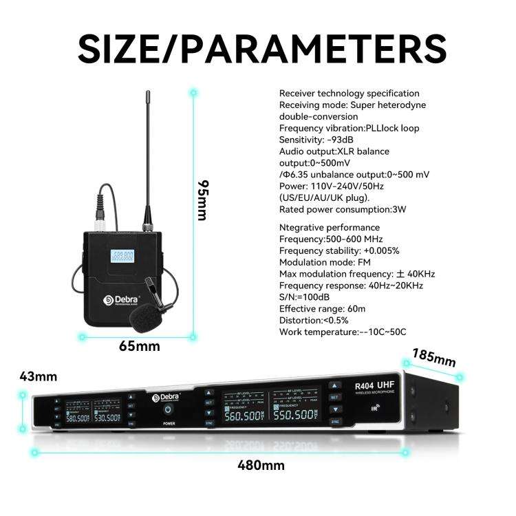 DEBRA R404 UHF Wireless Microphone 4-in-1 Professional Stage Performance Conference Handheld Mic(...
