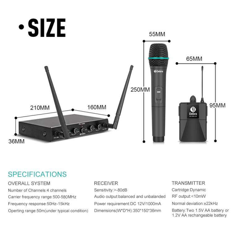 DEBRA AU-400 UHF Wireless Microphone System 4-in-1 for Performance Conference KTV, Model:2 Handhe...