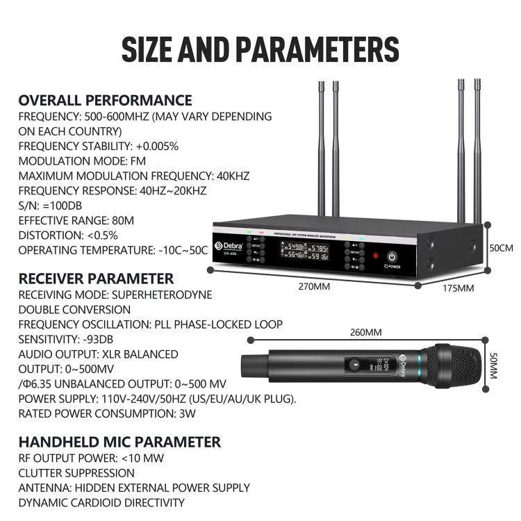 DEBRA UX-400 UHF Wireless Rechargeable Microphone System 4-in-1(AU Plug)