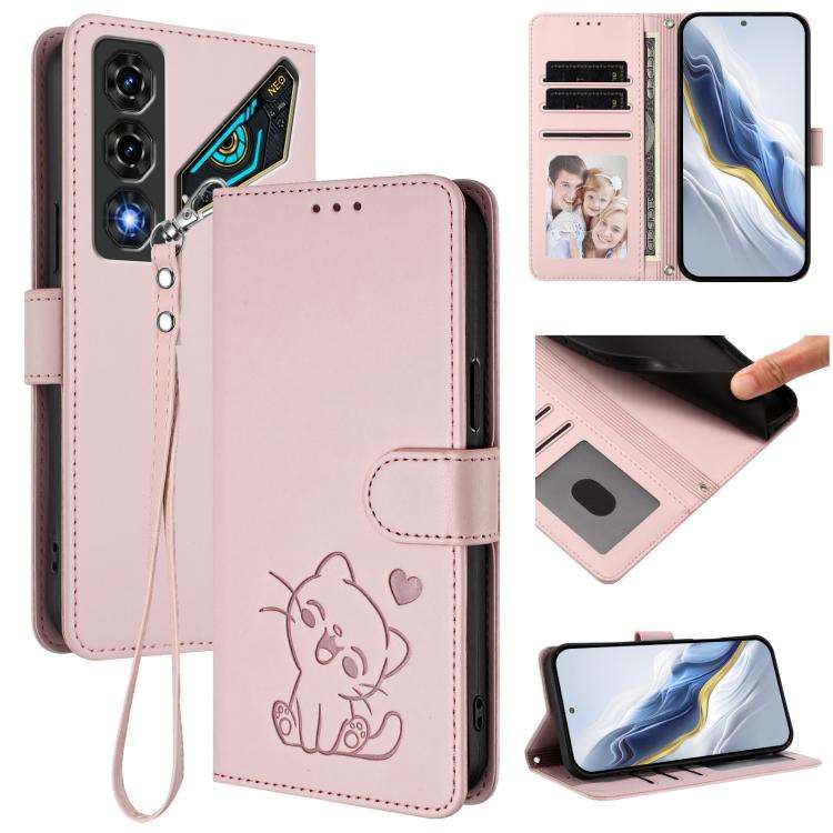 For ZTE nubia Neo 5 5G Embossed Heart Cat Leather Phone Case with Hand Strap(Pink)