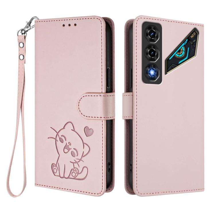 For ZTE nubia Neo 5 5G Embossed Heart Cat Leather Phone Case with Hand Strap(Pink)