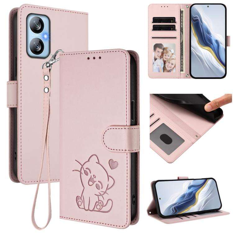 For Blackview A52 / A52 Pro Embossed Heart Cat Leather Phone Case with Hand Strap(Pink)