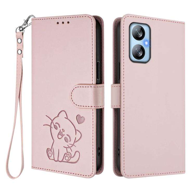 For Blackview A52 / A52 Pro Embossed Heart Cat Leather Phone Case with Hand Strap(Pink)