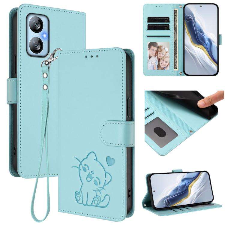 For Blackview A52 / A52 Pro Embossed Heart Cat Leather Phone Case with Hand Strap(Mint Green)