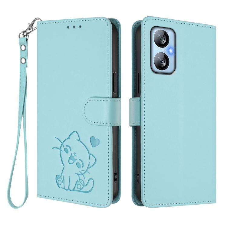 For Blackview A52 / A52 Pro Embossed Heart Cat Leather Phone Case with Hand Strap(Mint Green)