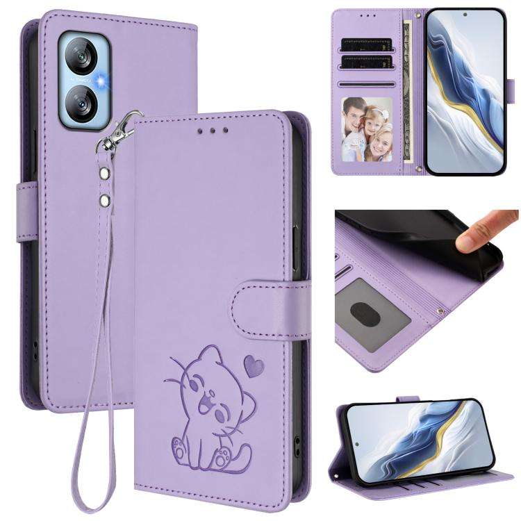 For Blackview A52 / A52 Pro Embossed Heart Cat Leather Phone Case with Hand Strap(Light Purple)