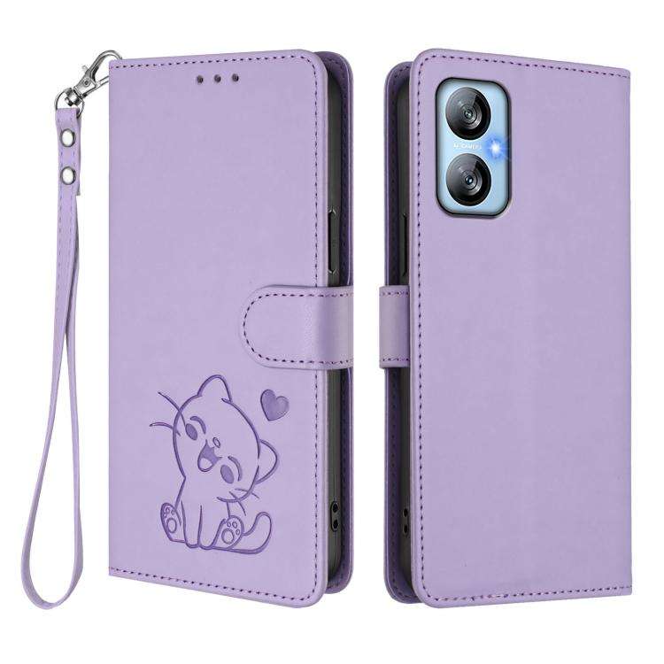 For Blackview A52 / A52 Pro Embossed Heart Cat Leather Phone Case with Hand Strap(Light Purple)